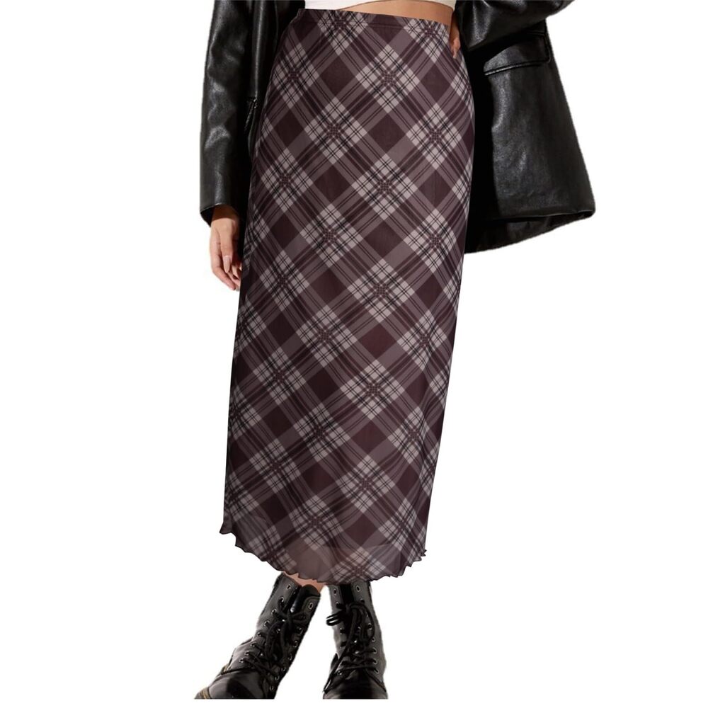 1552 Plaid High Waisted Midi Skirts Mesh Flowy Summer Long Skirts Plaid